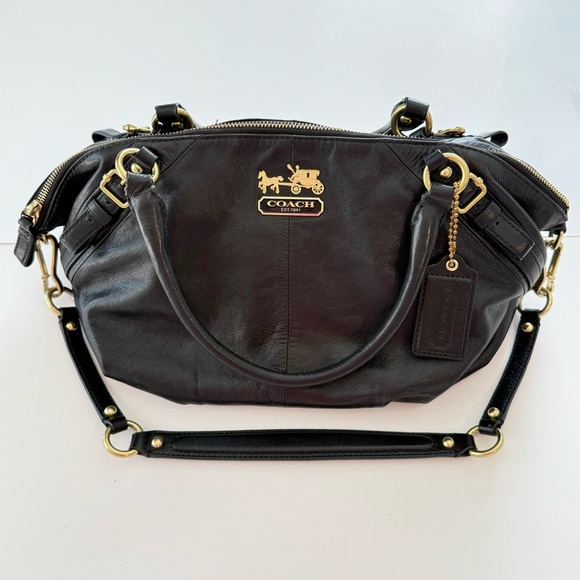 Coach Handbags - COACH | Coach Madison Sophia Black Leather Satchel Shoulder Bag w/ Red Lining